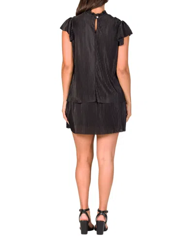 24seven Comfort Apparel Petites Ruffle Cap Sleeve High Neck Pleated Tiered Mini Dress In Black