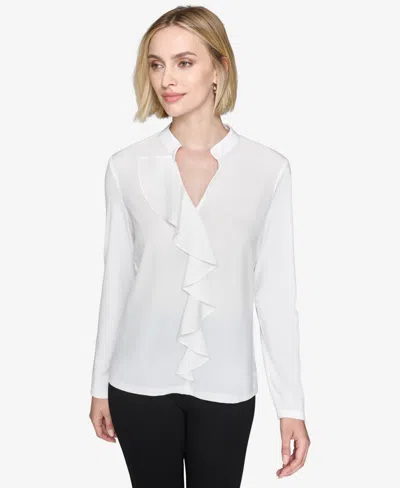 Karl Lagerfeld Women's Ruffled Long-sleeve Blouse In Soft White