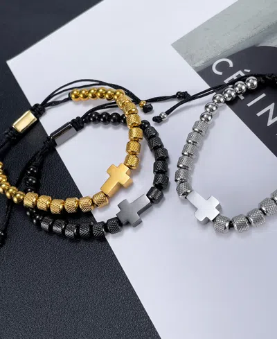 Rhona Sutton Black Cross Beaded Rope Stainless Steel Bracelet In Black