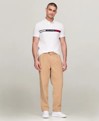 Tommy Hilfiger Men's Short Sleeve Embroidered Chest Stripe Polo Shirt In White
