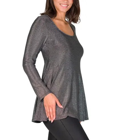24seven Comfort Apparel Women's Scoop Neck Long Sleeve Shimmery Fabric Tunic Top In Sliver
