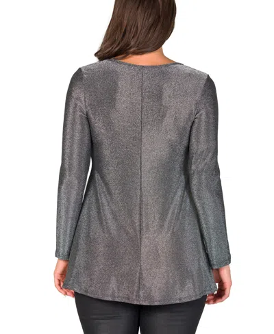 24seven Comfort Apparel Women's Scoop Neck Long Sleeve Shimmery Fabric Tunic Top In Sliver
