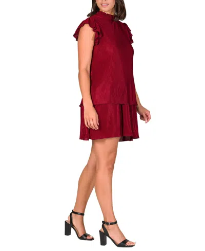 24seven Comfort Apparel Petites Ruffle Cap Sleeve High Neck Pleated Tiered Mini Dress In Brown