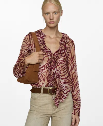 Mango Ruffles Printed Blouse Maroon In Maroon