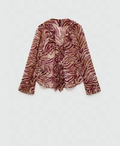 Mango Ruffles Printed Blouse Maroon In Maroon