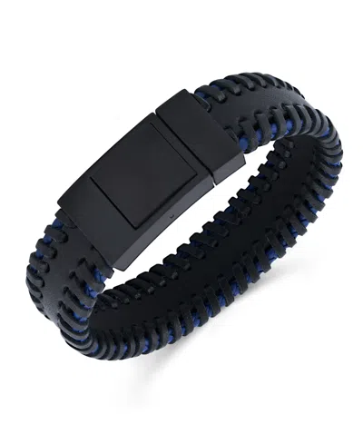 Rhona Sutton Stainless Steel Stylish Black And Blue Chunky Leather Bracelet In Silver