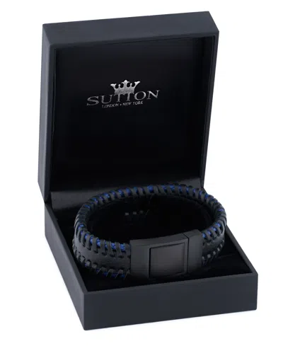 Rhona Sutton Stainless Steel Stylish Black And Blue Chunky Leather Bracelet In Silver