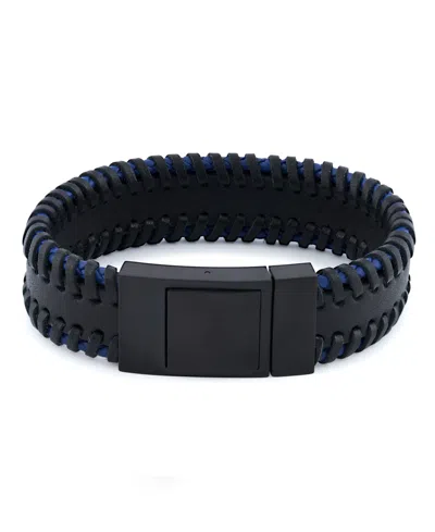 Rhona Sutton Stainless Steel Stylish Black And Blue Chunky Leather Bracelet In Silver