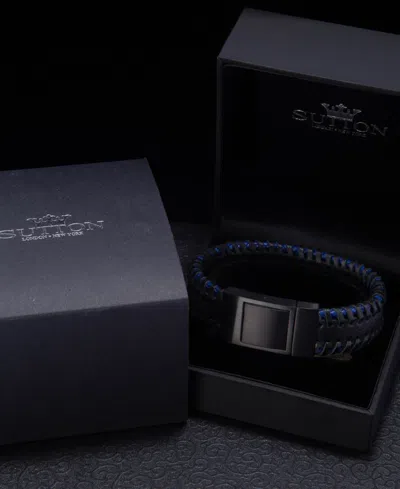 Rhona Sutton Stainless Steel Stylish Black And Blue Chunky Leather Bracelet In Silver