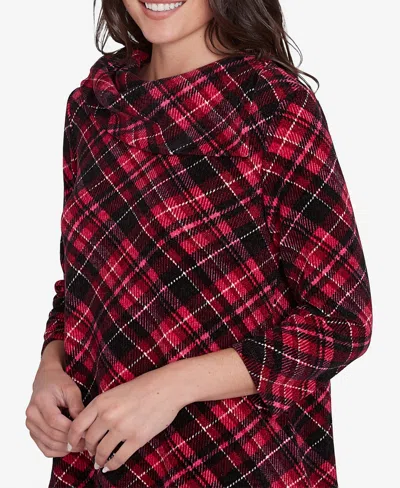 Ruby Rd. Petite Cowl Neck Plaid Chenille Ribbed Knit Split Top In Beet Multi