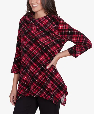 Ruby Rd. Petite Cowl Neck Plaid Chenille Ribbed Knit Split Top In Beet Multi