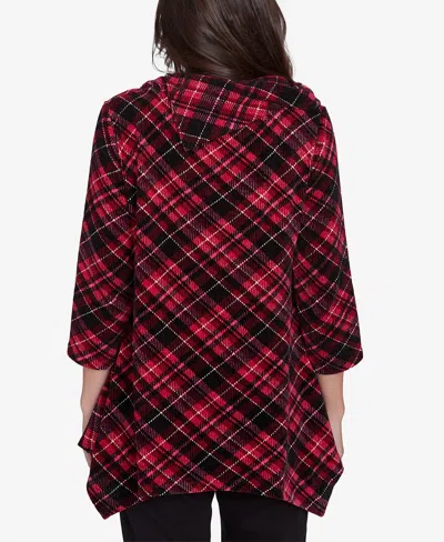 Ruby Rd. Petite Cowl Neck Plaid Chenille Ribbed Knit Split Top In Beet Multi