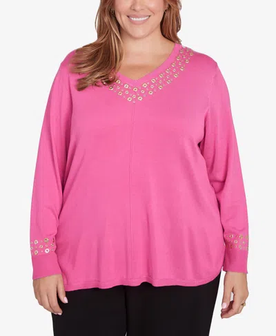 Ruby Rd. Plus Size Grommet Embellished Fine Gauge Sweater In Rose