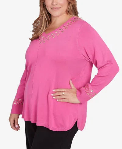 Ruby Rd. Plus Size Grommet Embellished Fine Gauge Sweater In Rose