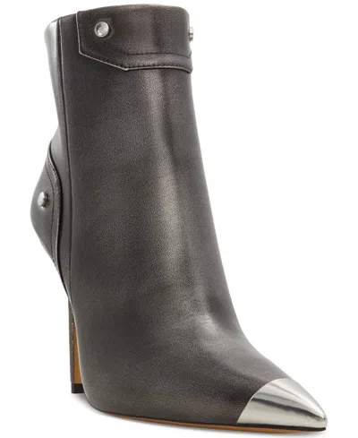 Aldo Nilita Heeled Ankle Boot In Pewter With Metal Toe Cap-silver In Pewter Metallic