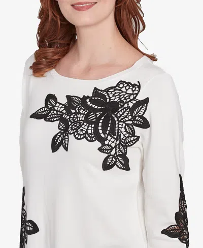 Ruby Rd. Petite Crew Neck Floral Lace Fine Gauge Sweater In Ivory