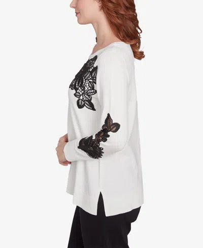 Ruby Rd. Petite Crew Neck Floral Lace Fine Gauge Sweater In Ivory