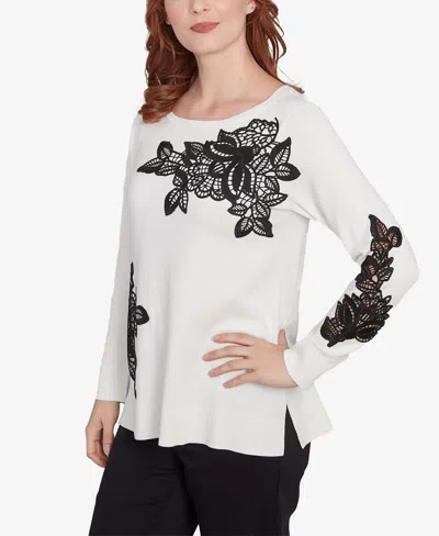 Ruby Rd. Petite Crew Neck Floral Lace Fine Gauge Sweater In Ivory