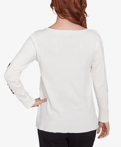 Ruby Rd. Petite Crew Neck Floral Lace Fine Gauge Sweater In Ivory