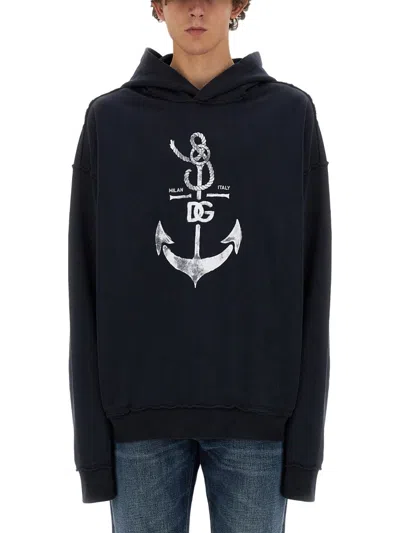 Dolce & Gabbana Printed Washed Cotton Jersey Hoodie In Blue