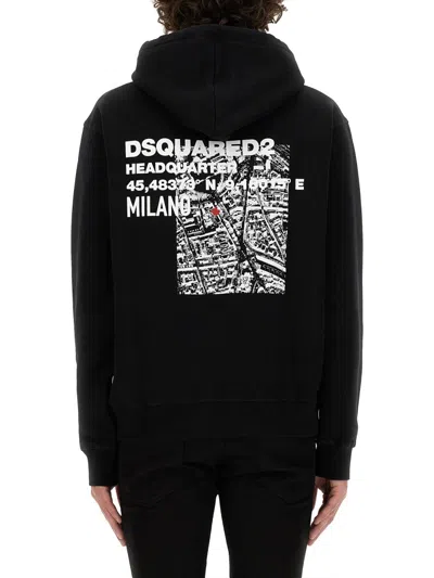 Dsquared2 Black Sweatshirt With Classic Hood And Bold Graphic Print In Black