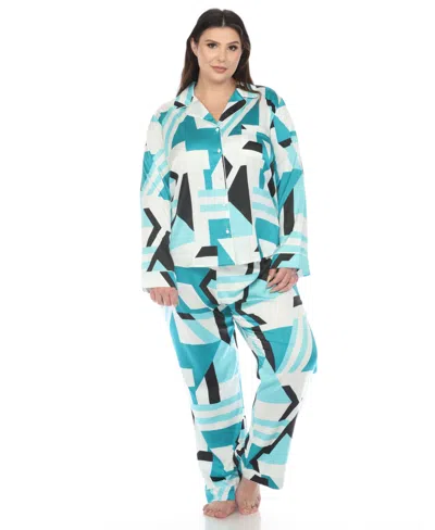 White Mark Plus Size Printed Satin Pajama Set In Teal
