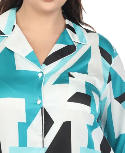 White Mark Plus Size Printed Satin Pajama Set In Teal