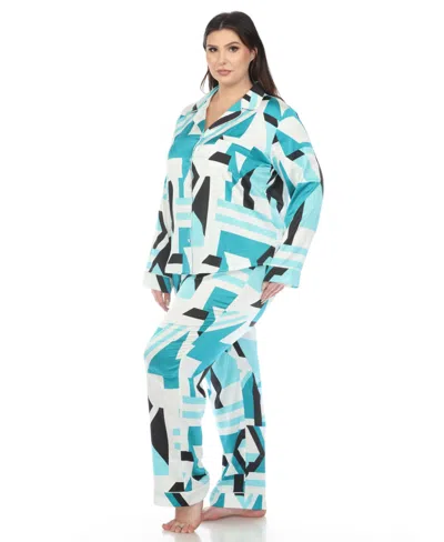 White Mark Plus Size Printed Satin Pajama Set In Teal