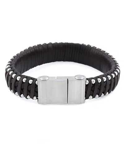 Rhona Sutton Stainless Steel Contemporary Leather Studded Bracelet In Silver