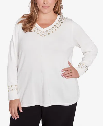 RUBY RD. PLUS SIZE GROMMET EMBELLISHED FINE GAUGE SWEATER 
