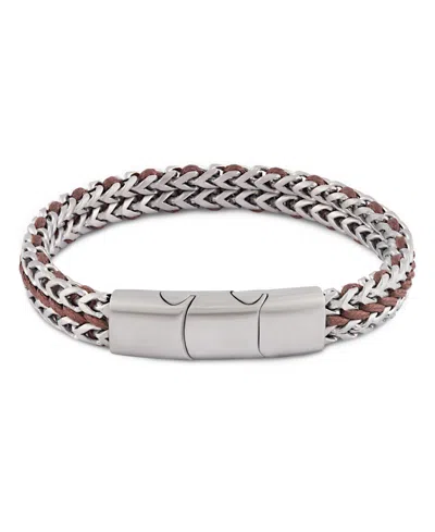 Rhona Sutton Silver Brown Cord With Chain Stainless Steel Bracelet In Silver