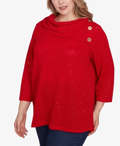 Ruby Rd. Plus Size Split Cowl Neck Sequin Knit Top In Lipstick