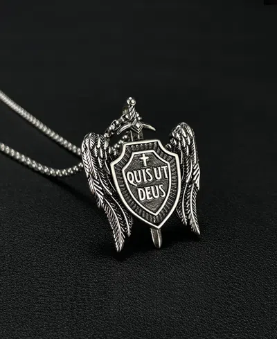 Rhona Sutton Silver Quis Ut Deus Stainless Steel Pendant Necklace In Silver