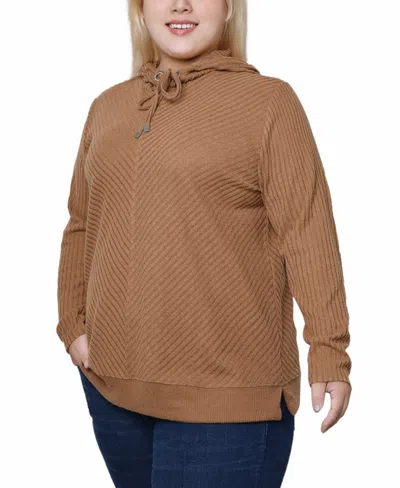 Ny Collection Plus Size Ribbed Long Sleeve Hooded Top In Cinnamon