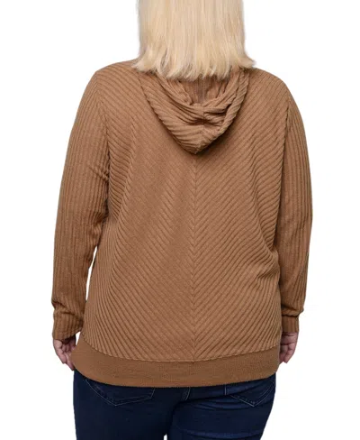 Ny Collection Plus Size Ribbed Long Sleeve Hooded Top In Cinnamon