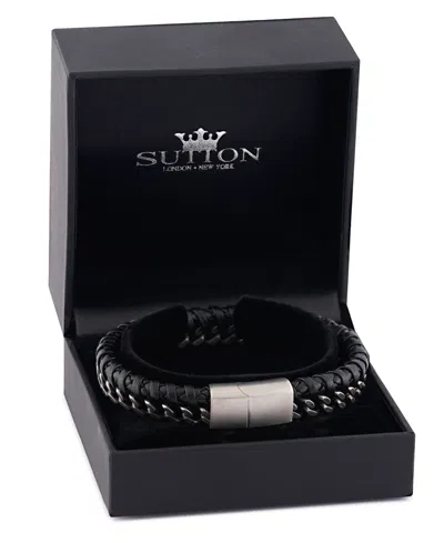 Rhona Sutton Gunmetal Chain With Black Leather Weaved. Stainless Steel Bracelet In Silver