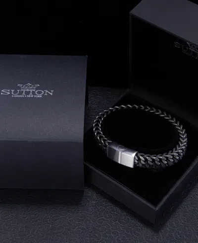 Rhona Sutton Gunmetal Chain With Black Leather Weaved. Stainless Steel Bracelet In Silver