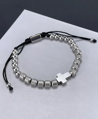 Rhona Sutton Silver Cross Beaded Rope Stainless Steel Bracelet In Silver