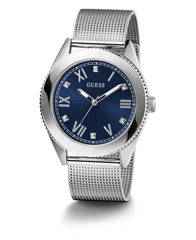Guess Men's Silver-tone Stainless Steel Mesh Bracelet Watch 44mm In Silver Tone