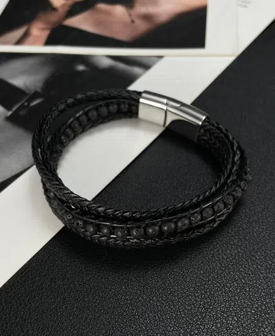Rhona Sutton Black Multi Leather Beaded Stainless Steel Bracelet In Black