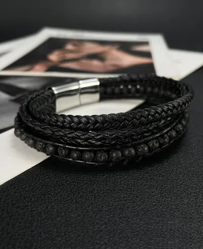 Rhona Sutton Black Multi Leather Beaded Stainless Steel Bracelet In Black