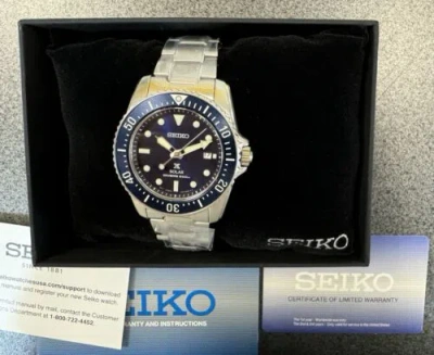 Pre-owned Seiko Men's Prospex Solar Blue Steel Bracelet Divers Watch Sne585 , 38.5mm Size