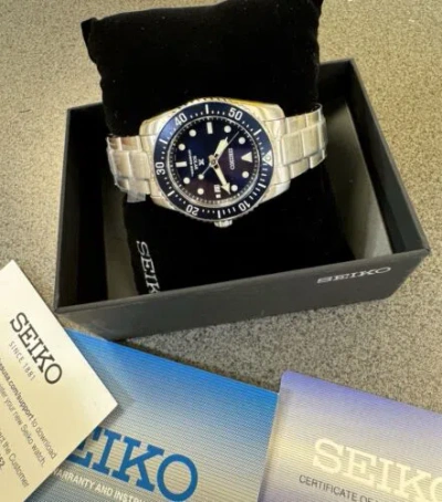 Pre-owned Seiko Men's Prospex Solar Blue Steel Bracelet Divers Watch Sne585 , 38.5mm Size