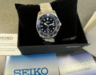 Pre-owned Seiko Men's Prospex Solar Blue Steel Bracelet Divers Watch Sne585 , 38.5mm Size