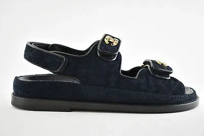Pre-owned Chanel 21a Blue Velvet Denim Cc Logo Mule Slide Strap Flat Teva Dad Sandal 41