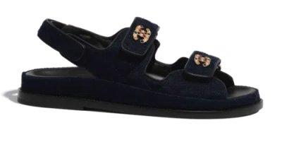 Pre-owned Chanel 21a Blue Velvet Denim Cc Logo Mule Slide Strap Flat Teva Dad Sandal 41