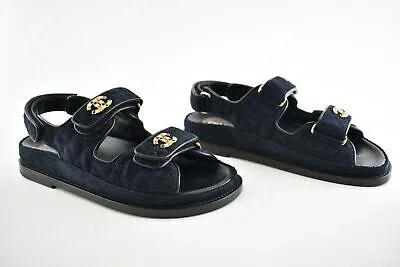Pre-owned Chanel 21a Blue Velvet Denim Cc Logo Mule Slide Strap Flat Teva Dad Sandal 41