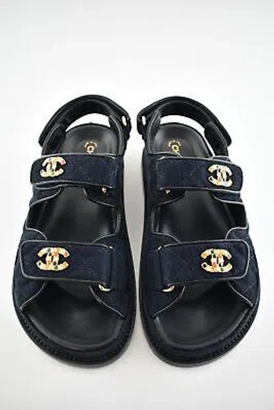 Pre-owned Chanel 21a Blue Velvet Denim Cc Logo Mule Slide Strap Flat Teva Dad Sandal 41