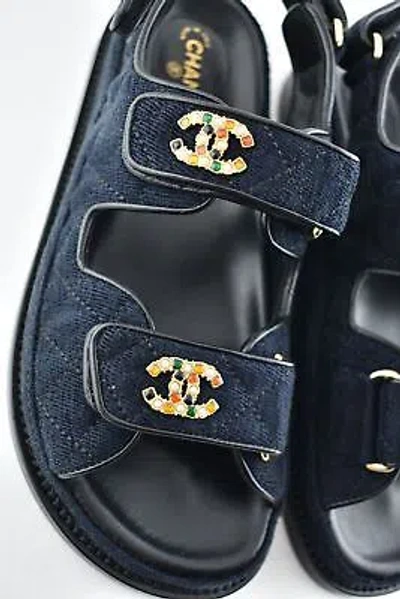 Pre-owned Chanel 21a Blue Velvet Denim Cc Logo Mule Slide Strap Flat Teva Dad Sandal 41