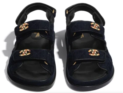 Pre-owned Chanel 21a Blue Velvet Denim Cc Logo Mule Slide Strap Flat Teva Dad Sandal 41
